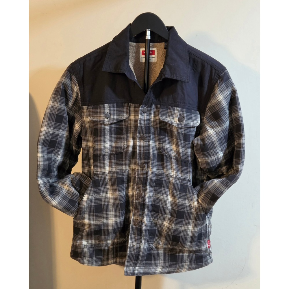 Wrangler Plaid Heavyweight Sherpa Lined Shirt Jacket Mens Size Small Black Gray